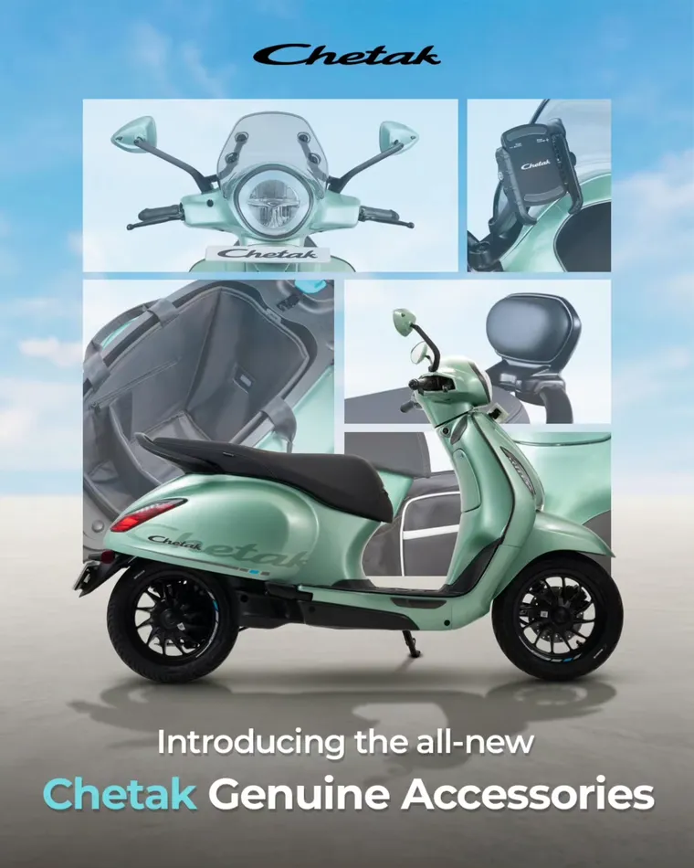 Bajaj Chetak ad creative: Introducing the all-new Chetak Genuine Accessories to level up every ride, every day. Your Chetak, now even better. Befikar Chalao. 💙 [ Baj…