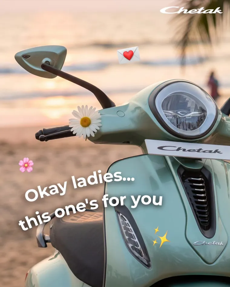 Bajaj Chetak ad creative: The accessory haul your ride deserves. 🤍 🎒 On The Go Bag for everything you might need. 📱 Mobile Holder for the quick touch-up. ☁️ Backre…