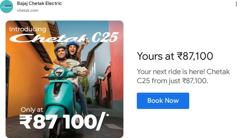 Bajaj Chetak ad creative: Yours at ₹87,100