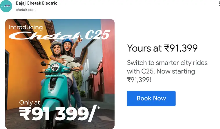 Bajaj Chetak ad creative: Yours at ₹91,399