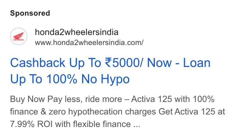 Honda 2-Wheelers ad creative: Affordable Honda Activa 125 - Cashback & Flexible Loans