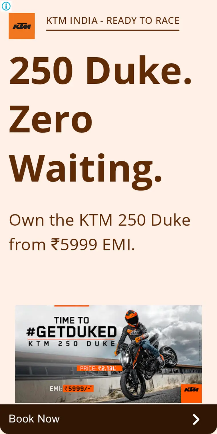 KTM ad creative: Get your KTM 250 Duke now with zero waiting!