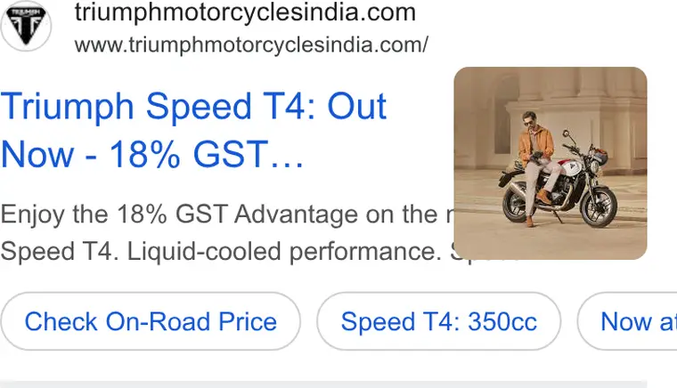 Triumph ad creative: Triumph Speed T4: Out Now - 18% GST…