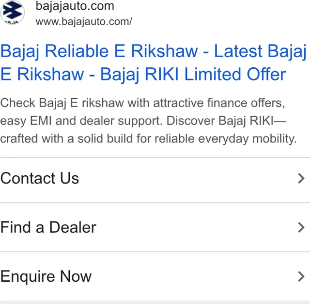 Bajaj Auto Google search ad: Bajaj Reliable E Rikshaw - Latest Bajaj E Rikshaw - Bajaj RIKI Limited Offer