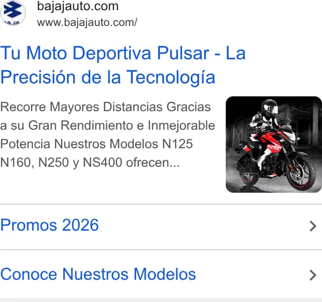 Bajaj Auto Google search ad: Tu Moto Deportiva Pulsar - La Precisión de la Tecnología