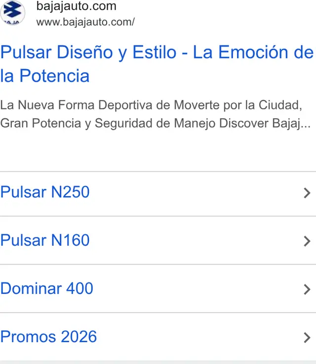 Bajaj Auto Google search ad: Pulsar Diseño y Estilo - La Emoción de la Potencia