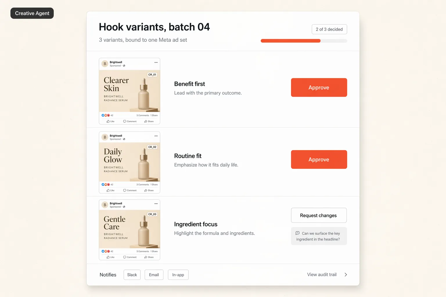 Hawky Creative Agent generating and approving Facebook ad hook variants