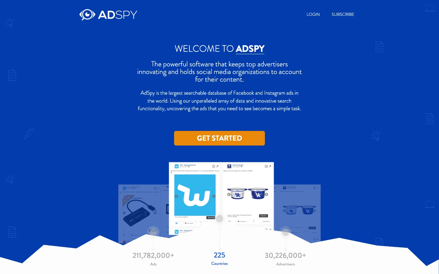 AdSpy homepage with its Facebook and Instagram ad search