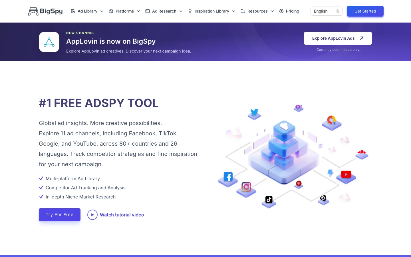 BigSpy homepage listing its ad library platforms