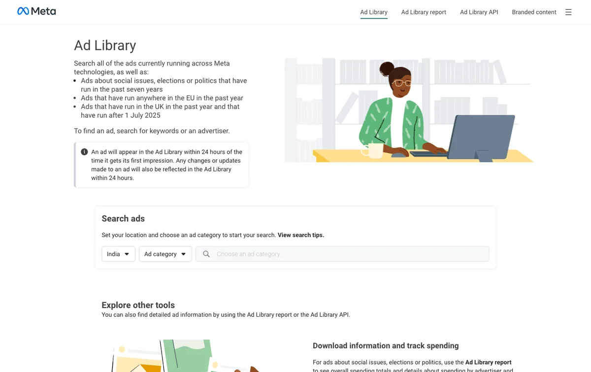 Meta Ad Library search page for active Facebook and Instagram ads