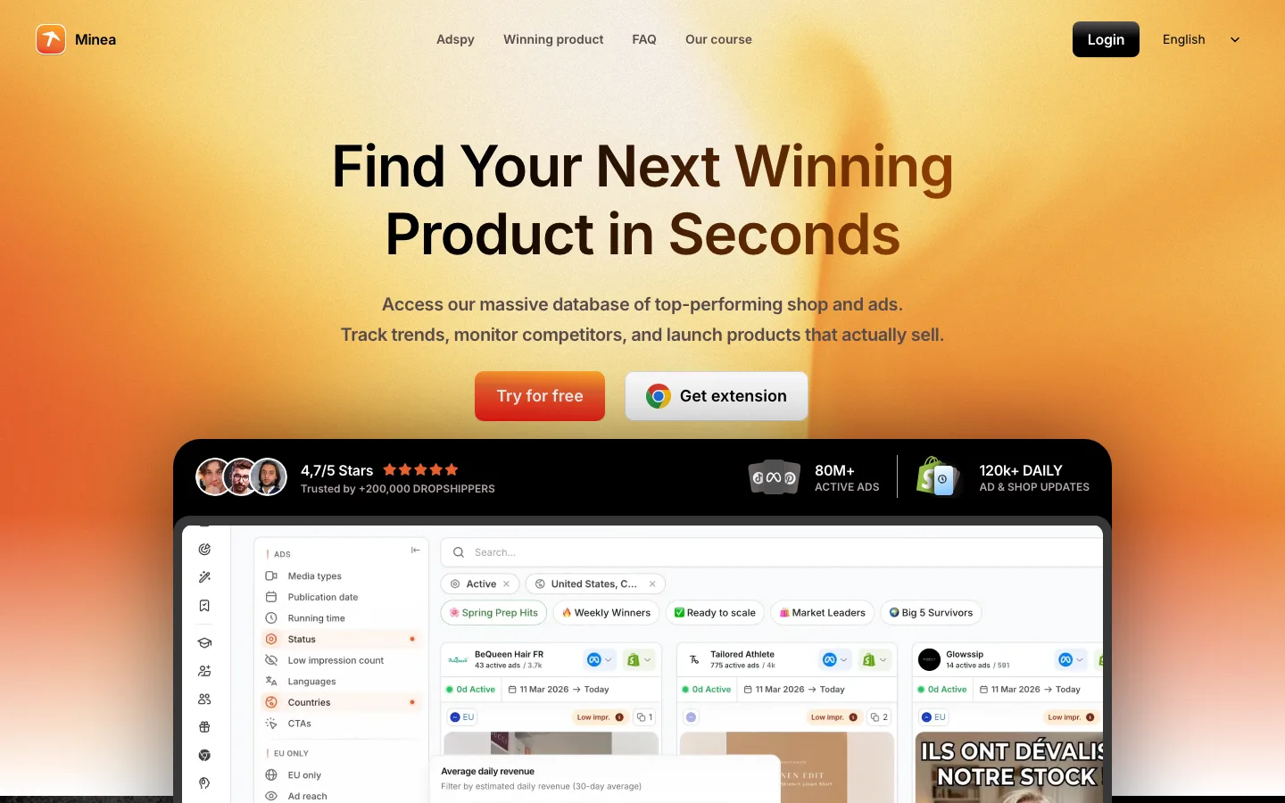 Minea homepage for ecommerce ad and shop research