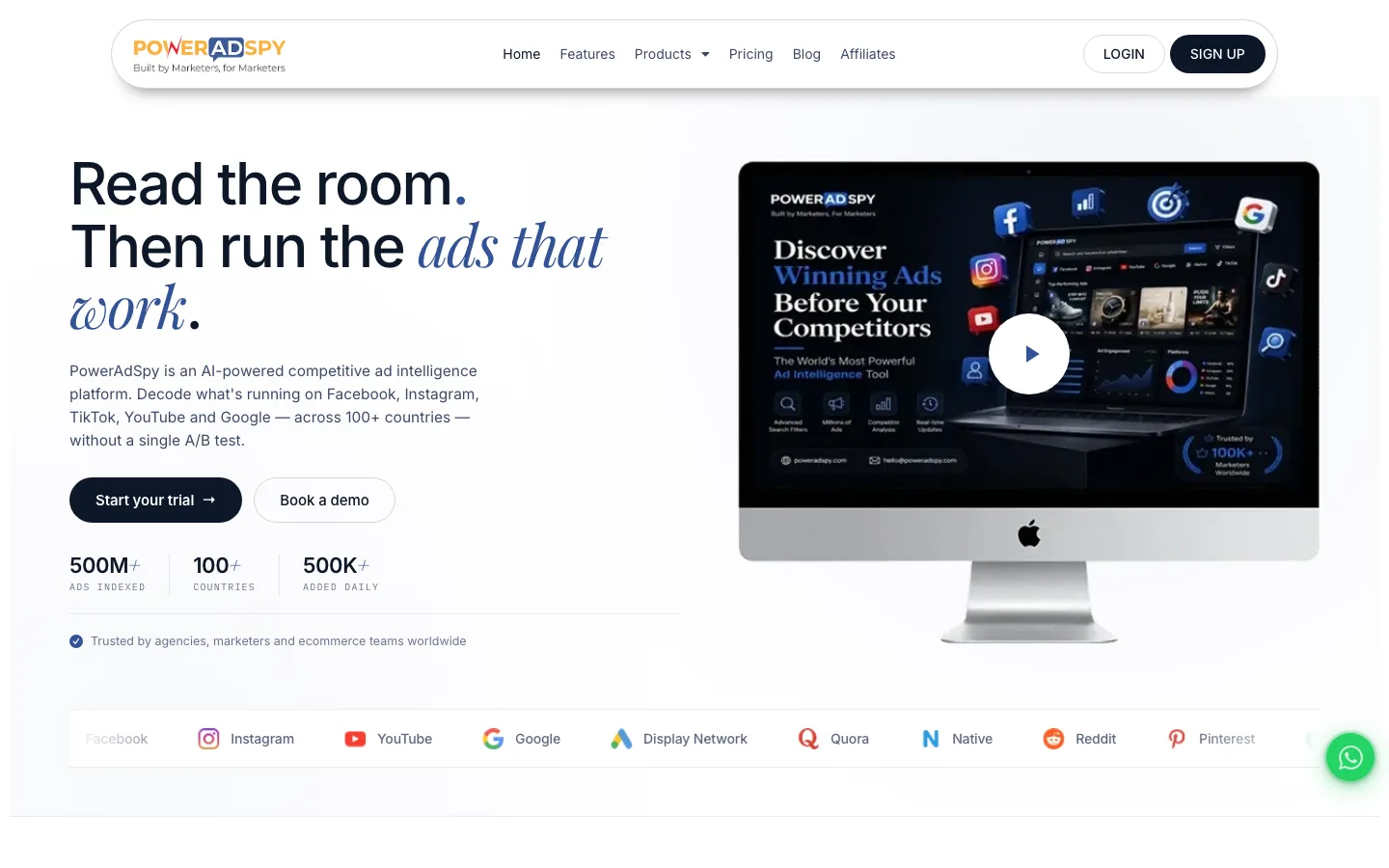 PowerAdSpy homepage describing AI-indexed competitive ad intelligence