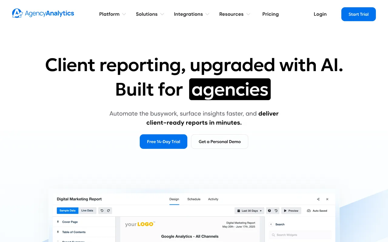 AgencyAnalytics homepage showing its per-client reporting dashboards for agencies