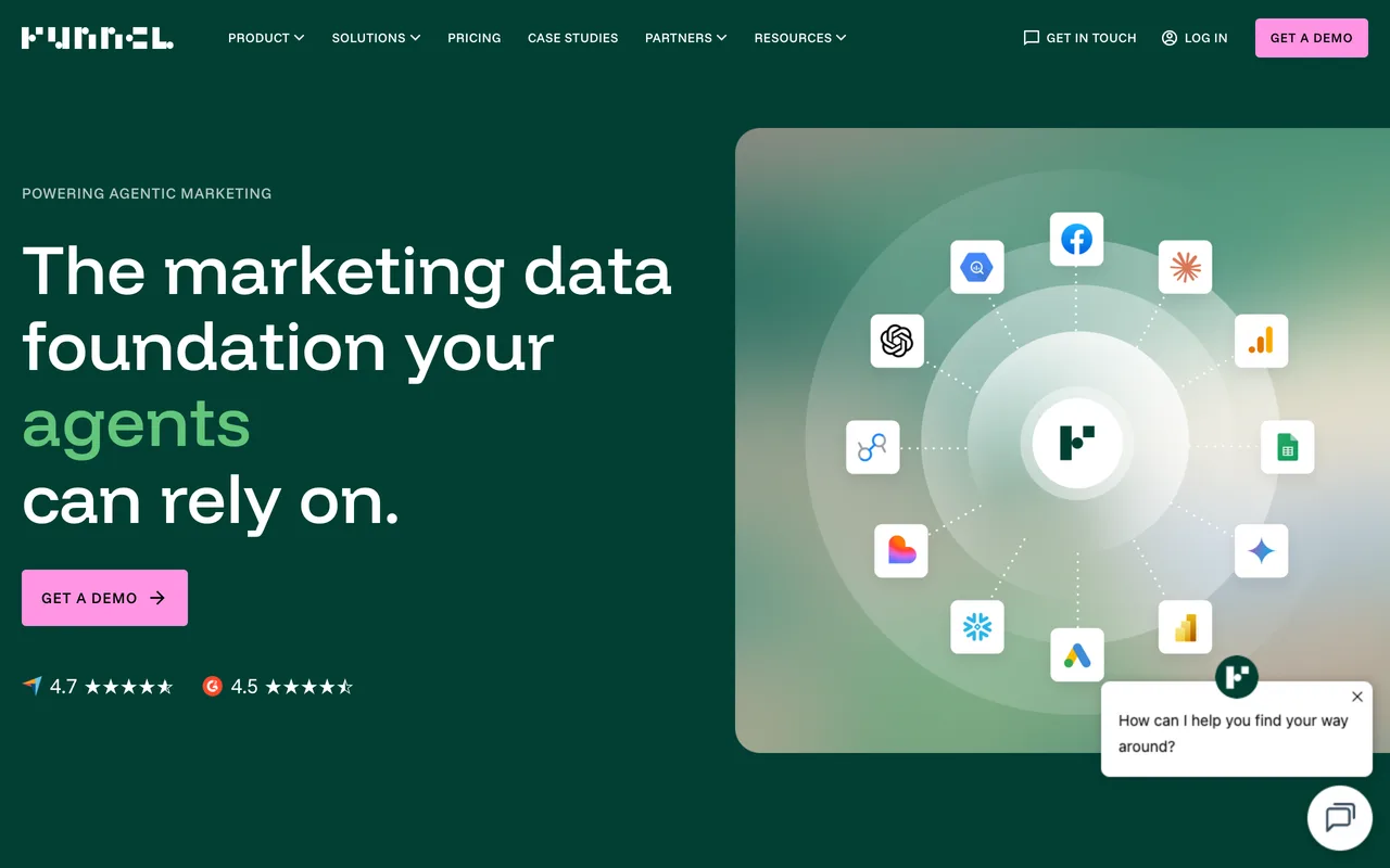 Funnel.io homepage showing its marketing data warehousing and transformation platform