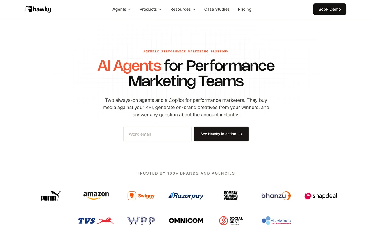 Hawky homepage showing its agentic performance marketing platform with AI agents and Copilot