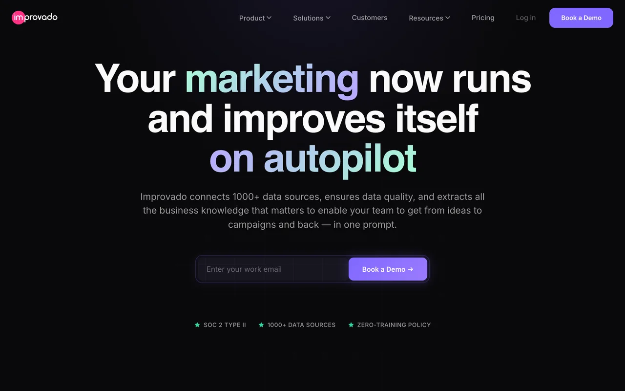 Improvado homepage showing its enterprise marketing data pipeline