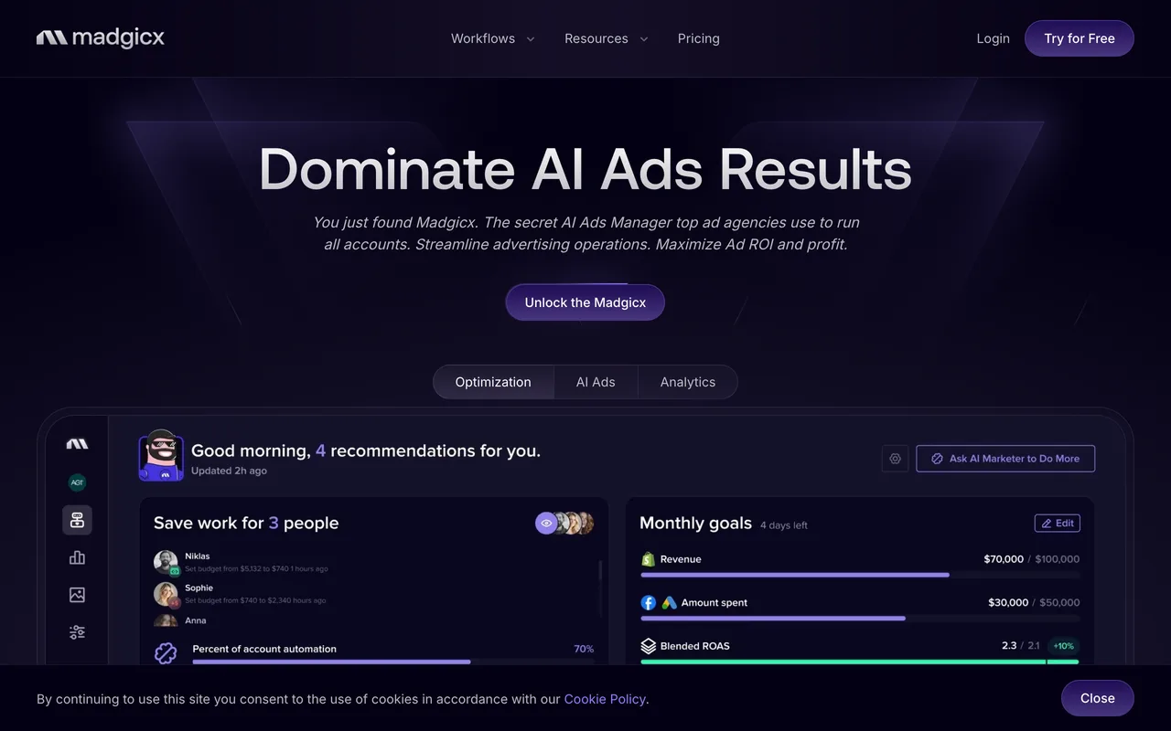 Madgicx homepage showing its Meta ads reporting and AI optimization