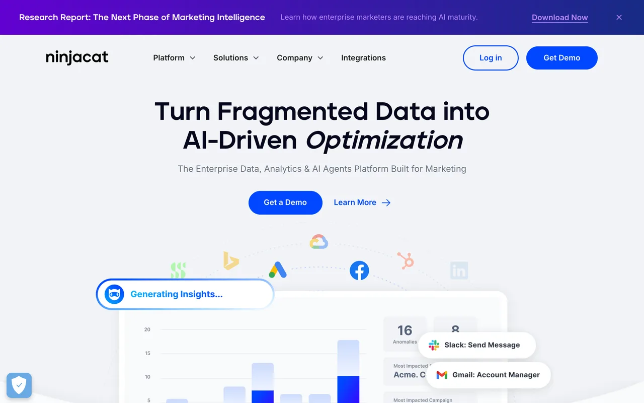 NinjaCat homepage showing its unified marketing reporting platform for agencies