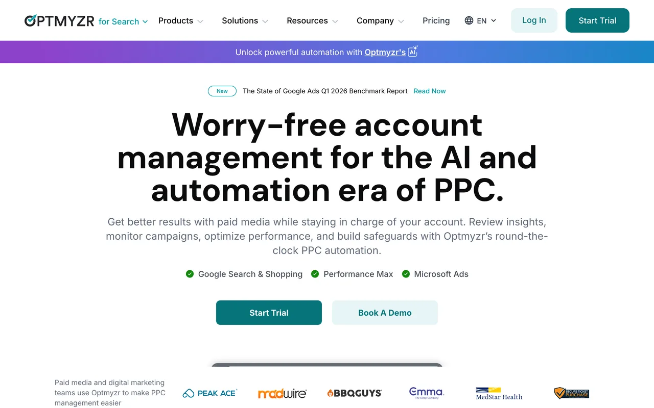 Optmyzr homepage showing its PPC management and reporting automation