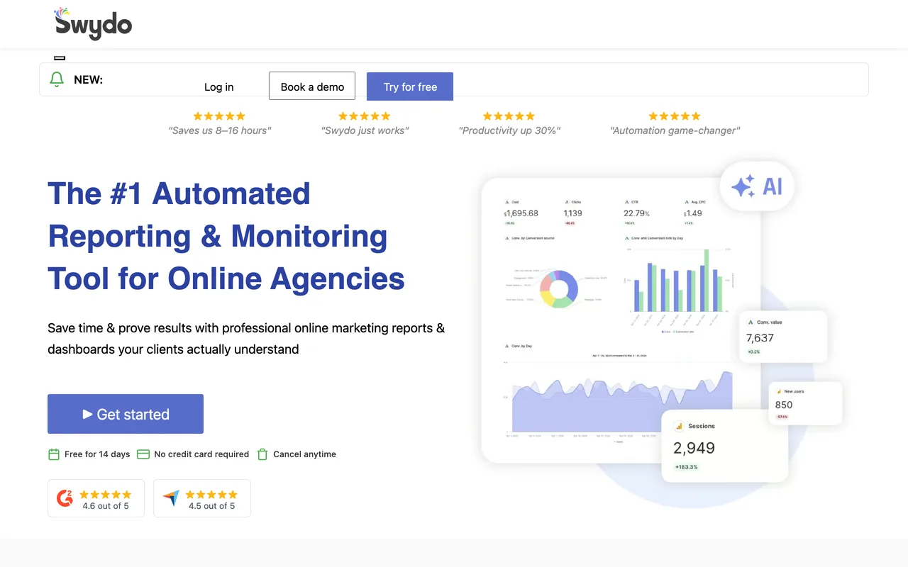 Swydo homepage showing its scheduled marketing reporting tool