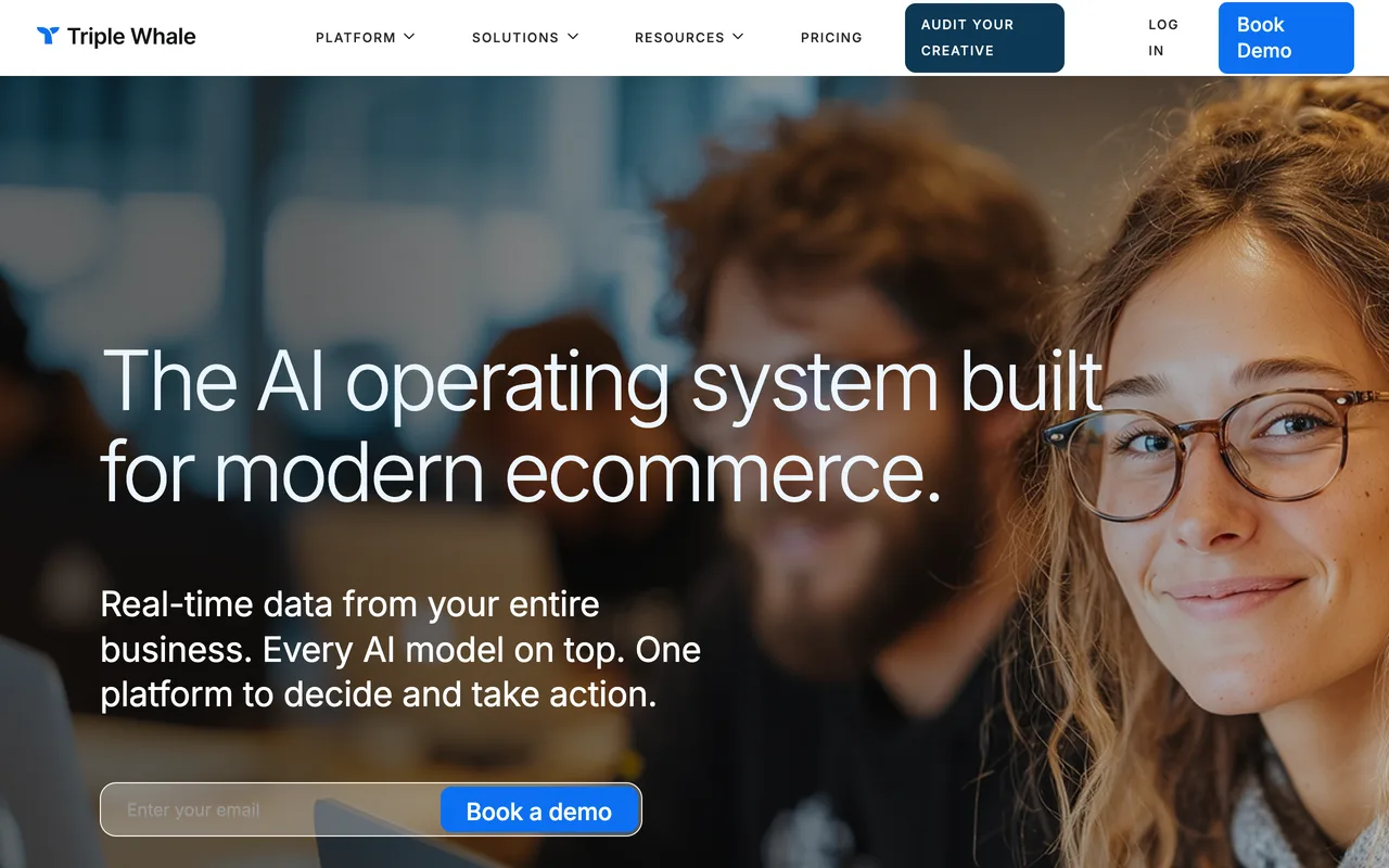 Triple Whale homepage showing its ecommerce analytics and attribution platform