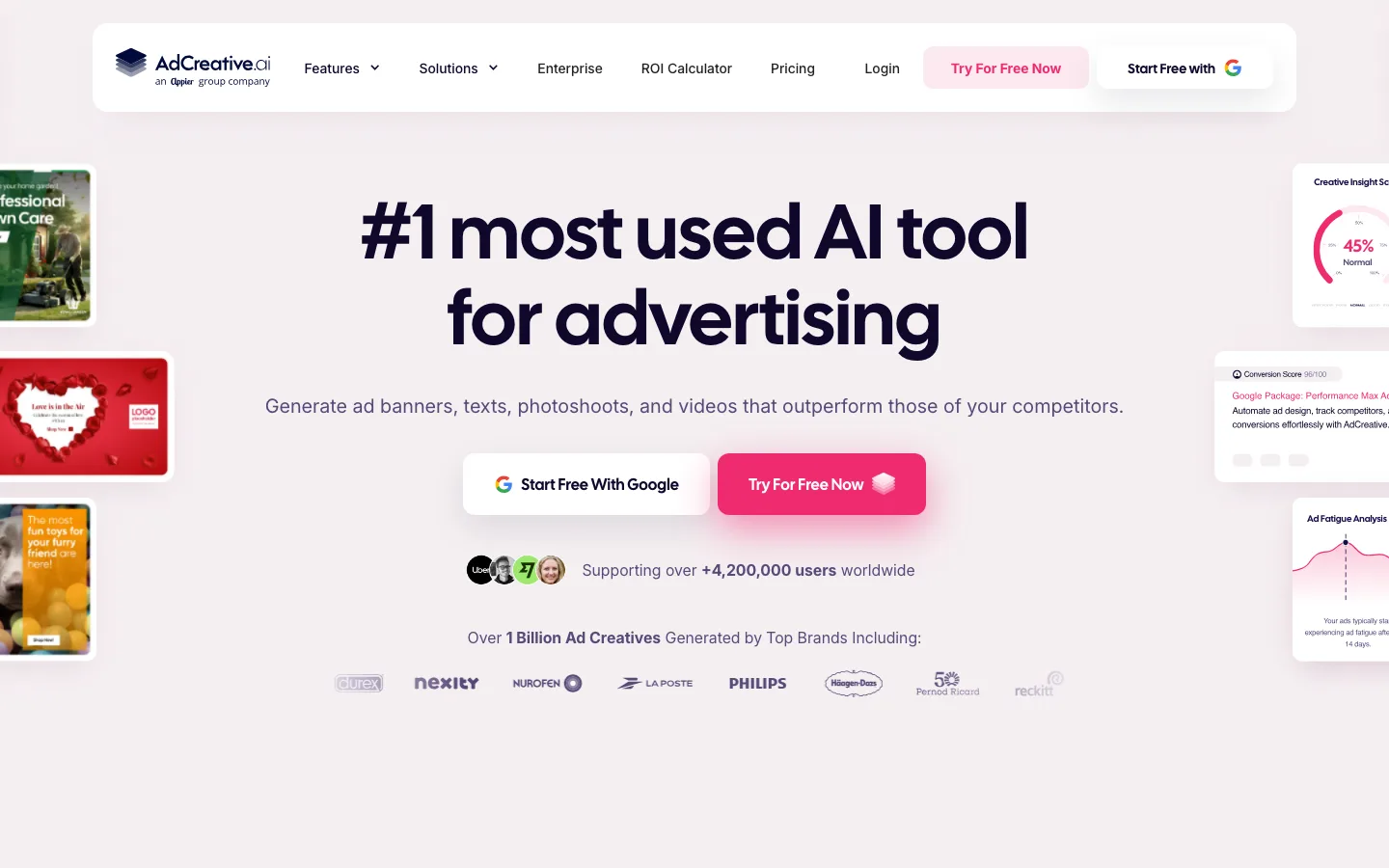 AdCreative.ai homepage, an AI ad creative generator for banners, product photos and video ads, read October 2026