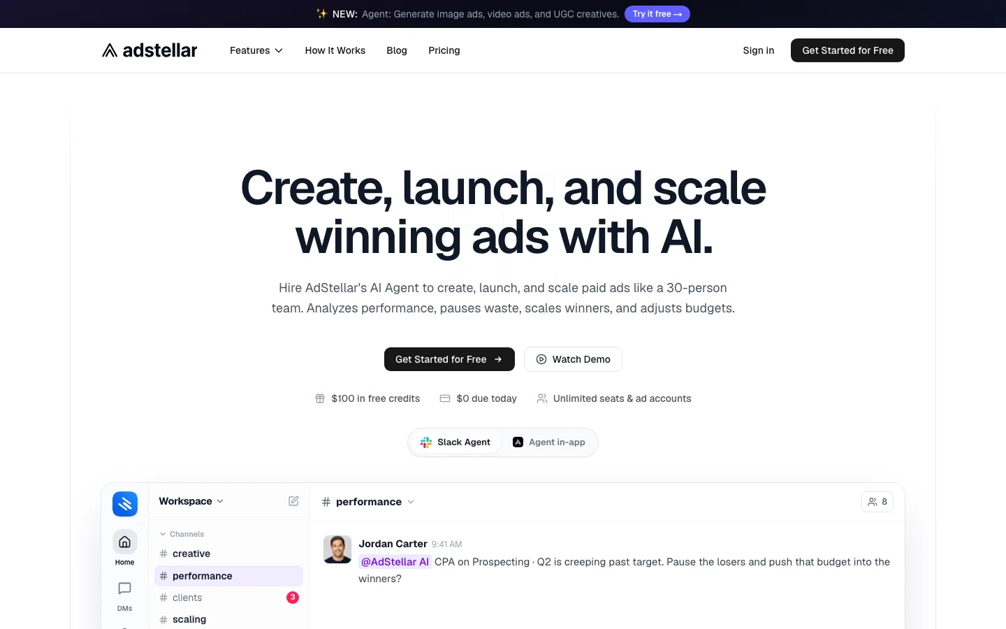 AdStellar homepage, an AI ad campaign builder that creates and launches Meta ads, read October 2026