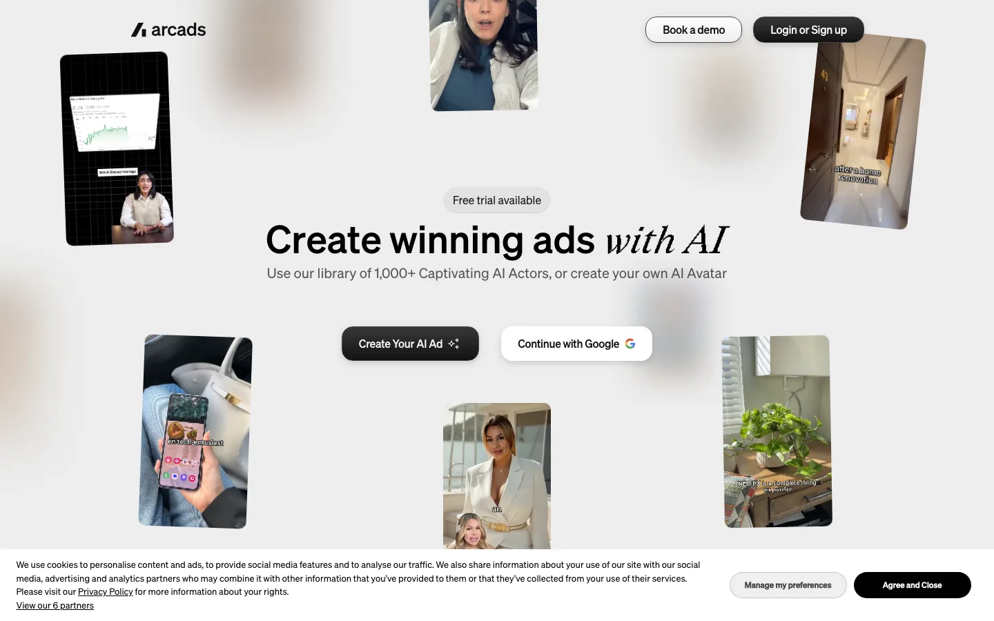 Arcads homepage, an AI actor video ad tool with a library of 1,000+ AI actors, read October 2026