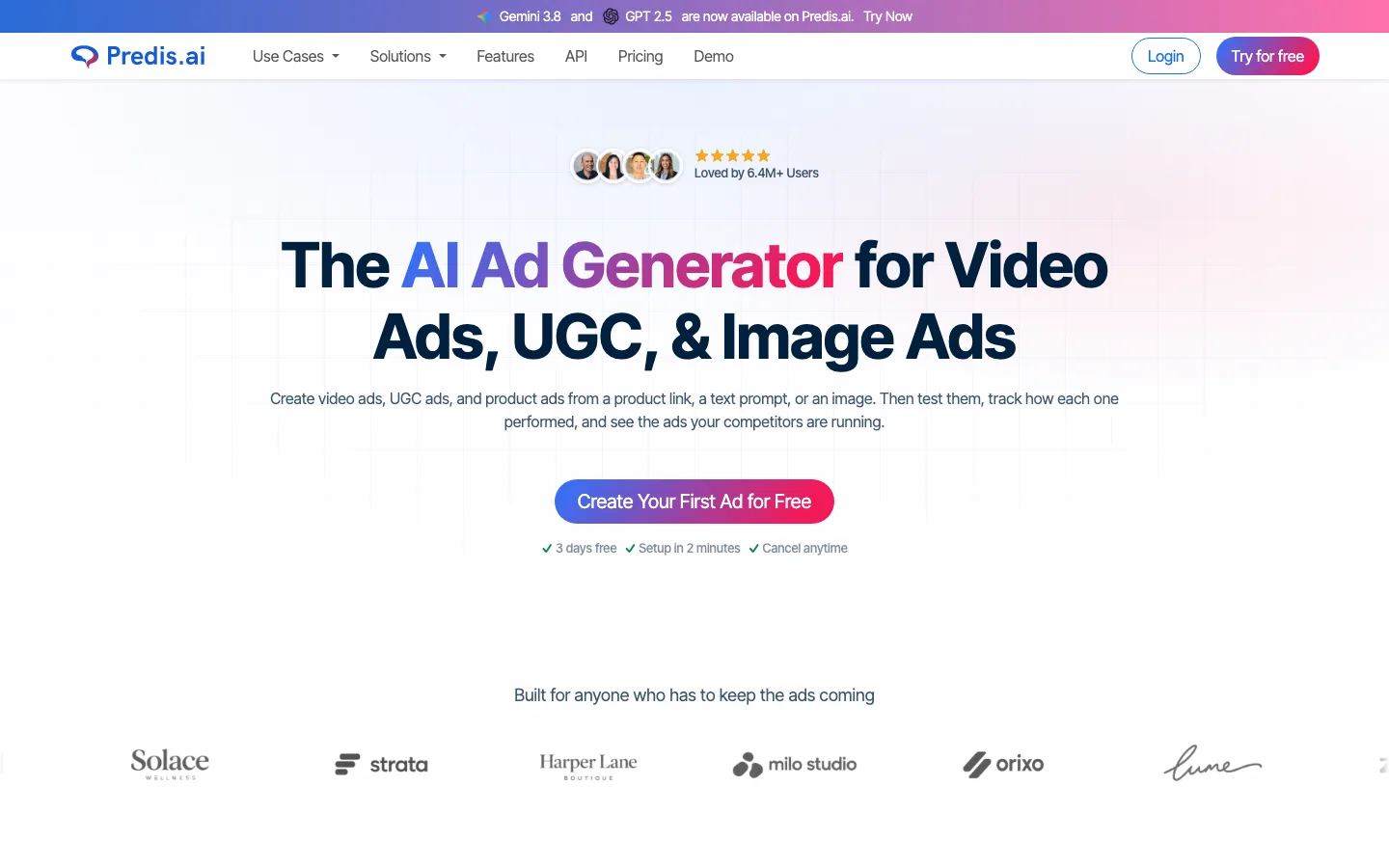Predis.ai homepage, an AI ad generator for video, UGC and image ads, read October 2026