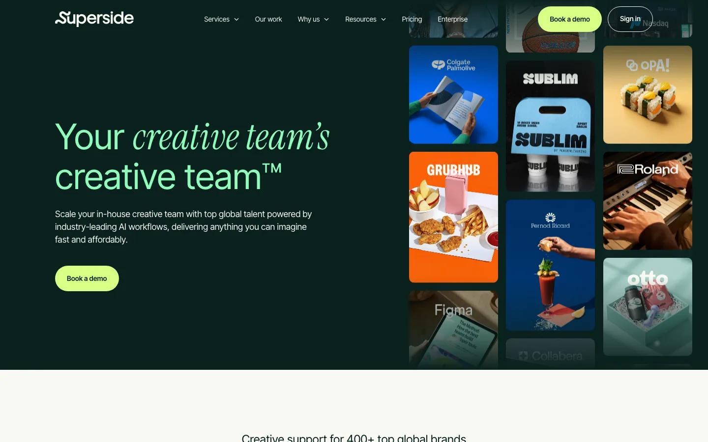 Superside homepage, an AI-assisted creative services subscription for brands, read October 2026