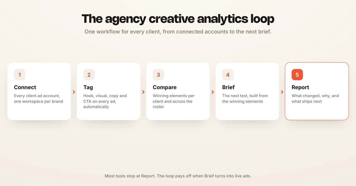Five-step agency creative analytics loop: connect, tag, compare, brief, report