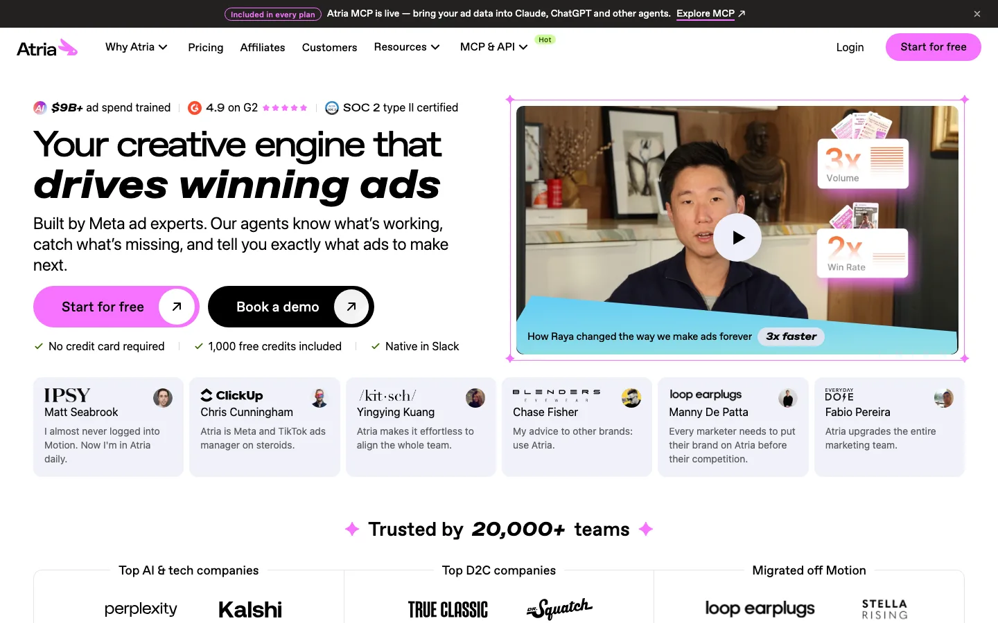 Atria homepage, creative engine for shipping winning Meta ads