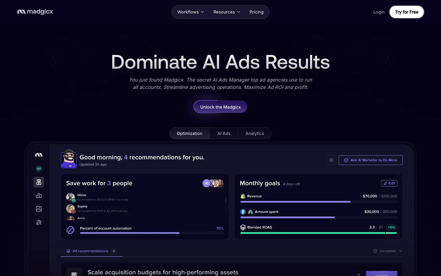 Madgicx homepage, agentic Meta ads management platform