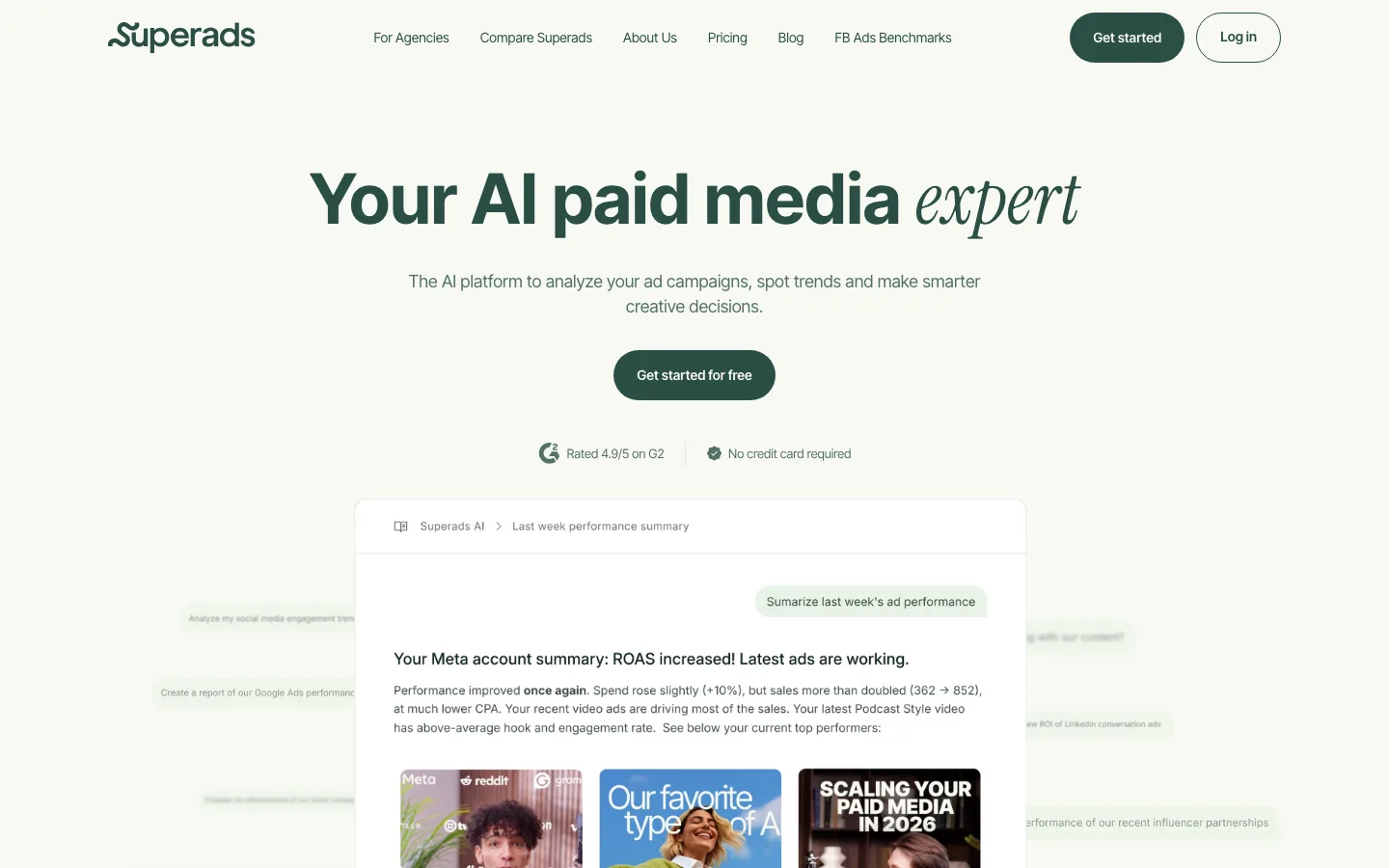 Superads homepage, AI-powered creative analytics for ads