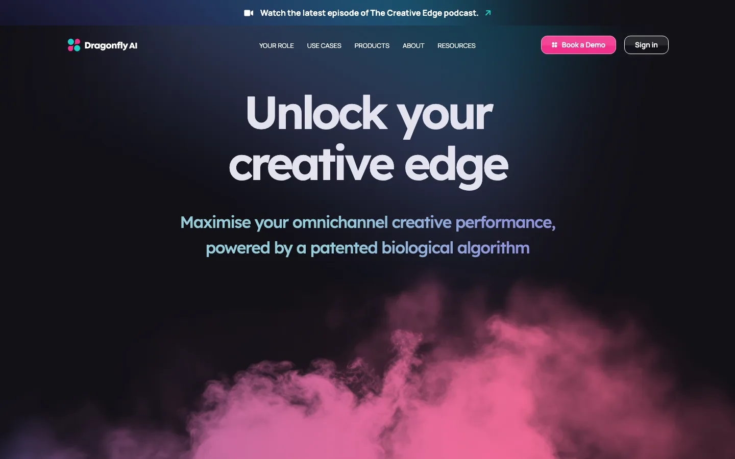 Dragonfly AI homepage, creative testing and performance insights