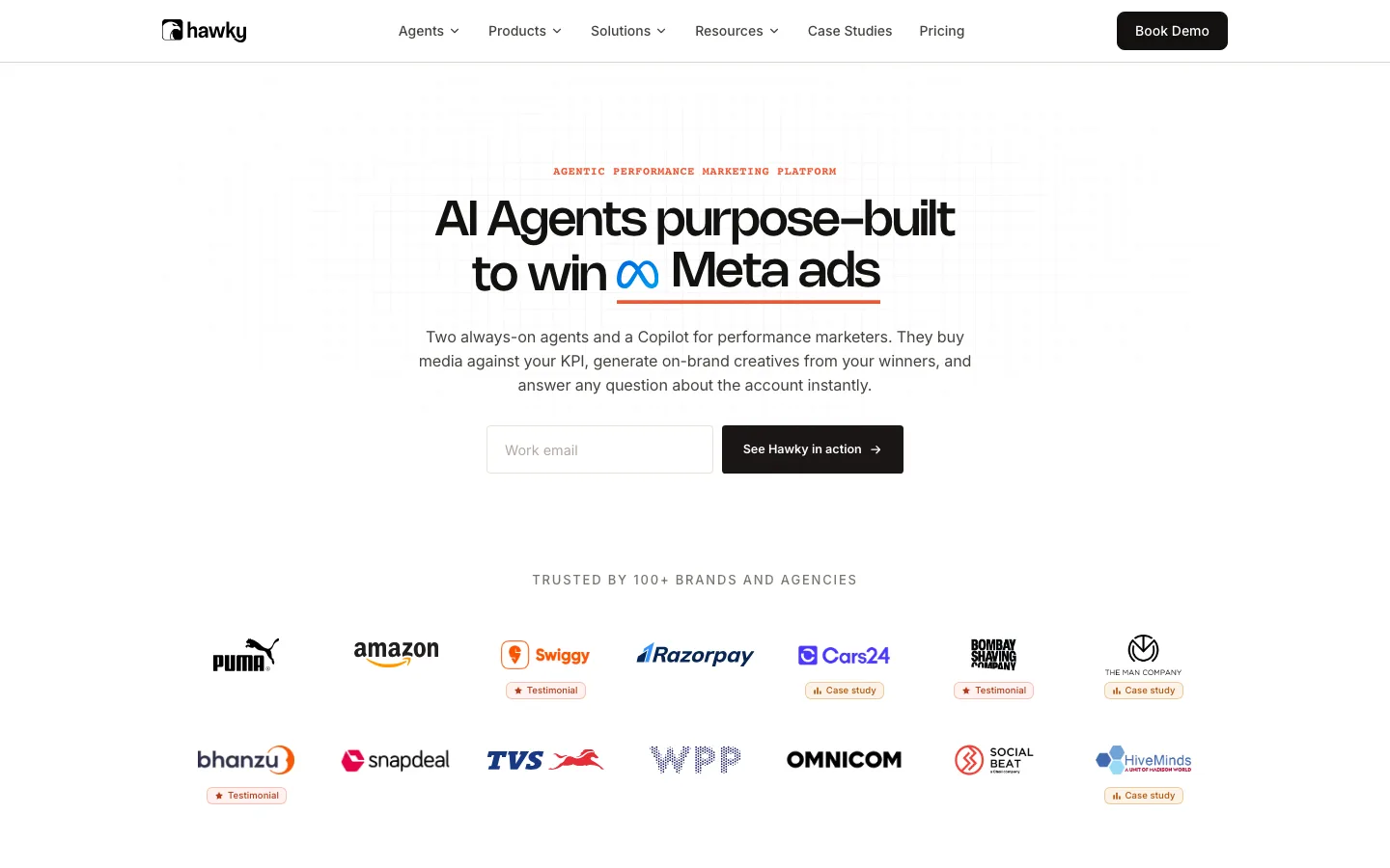 Hawky homepage, AI agents for performance marketing teams