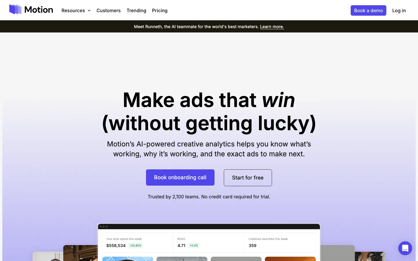 Motion homepage, visual creative reports for growth and creative teams