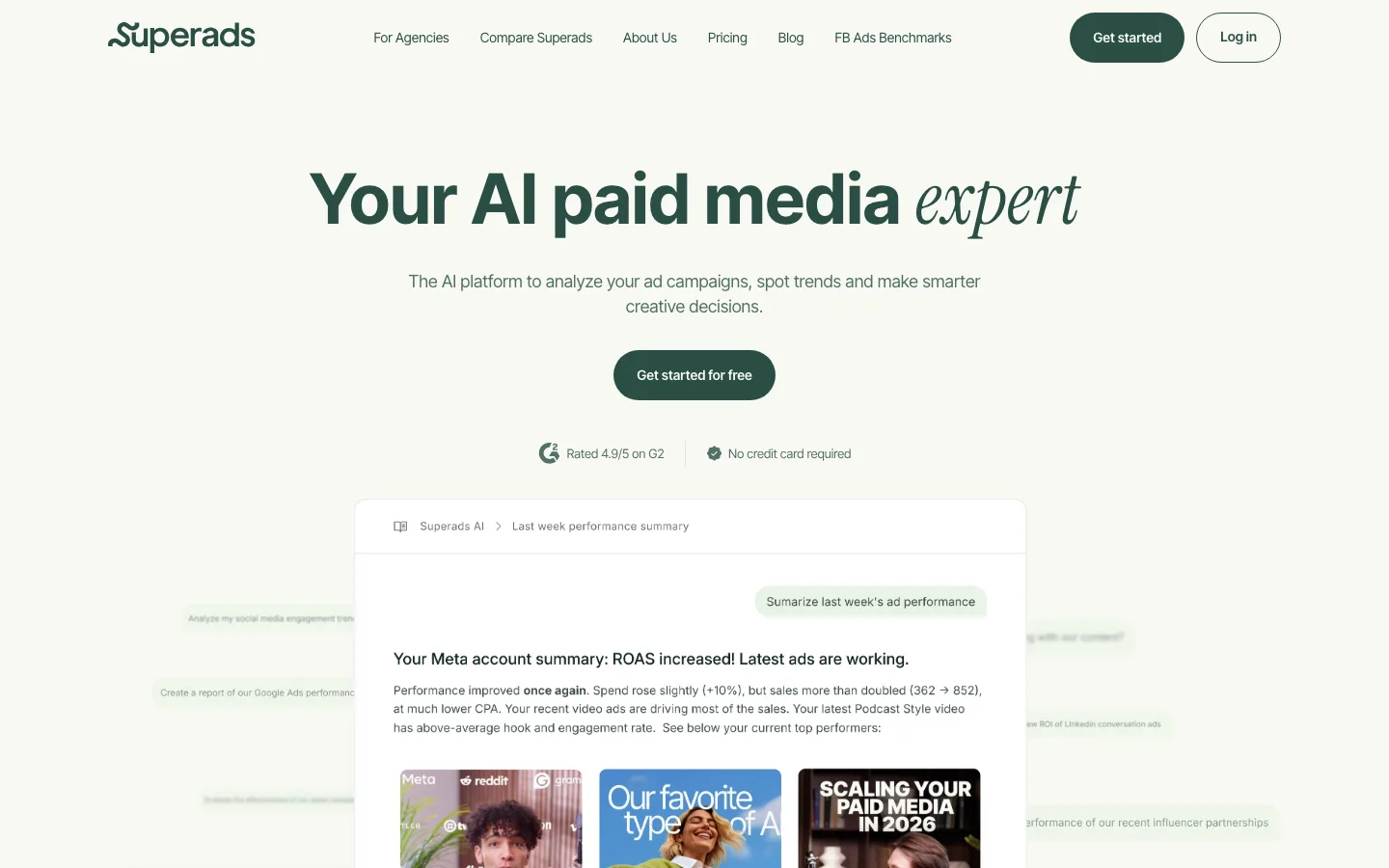 Superads homepage, AI paid media expert for ad analysis