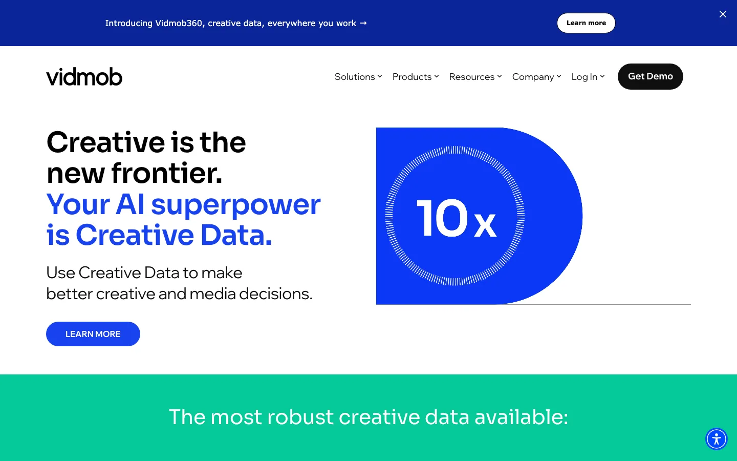 Vidmob homepage, creative data for brand, creative and media teams