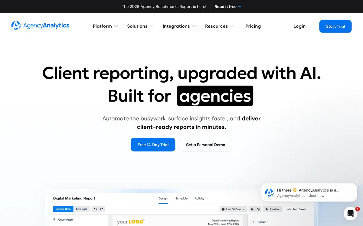 AgencyAnalytics homepage showing its agency client reporting dashboards