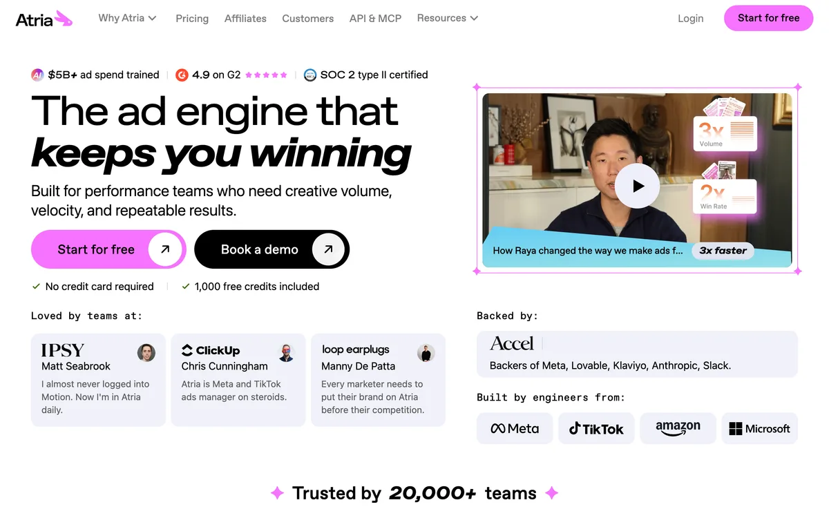 Atria homepage showing its AI ad creative analytics platform