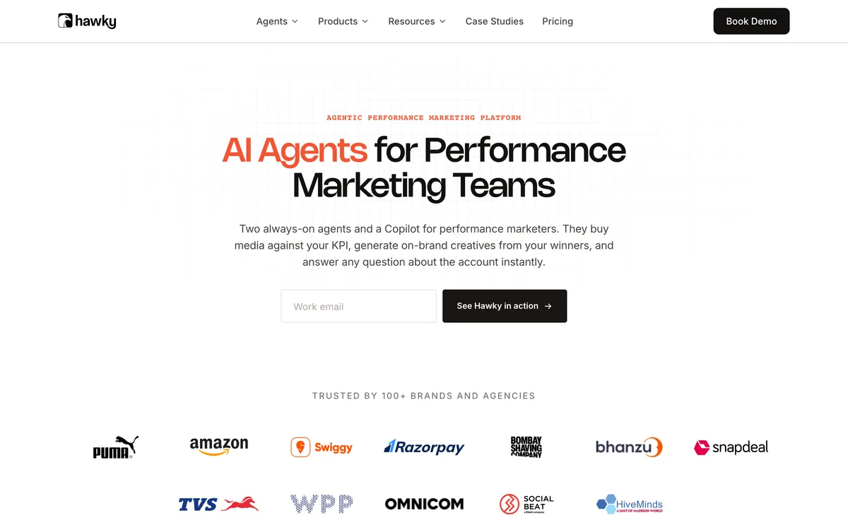 Hawky homepage showing its agentic performance marketing platform
