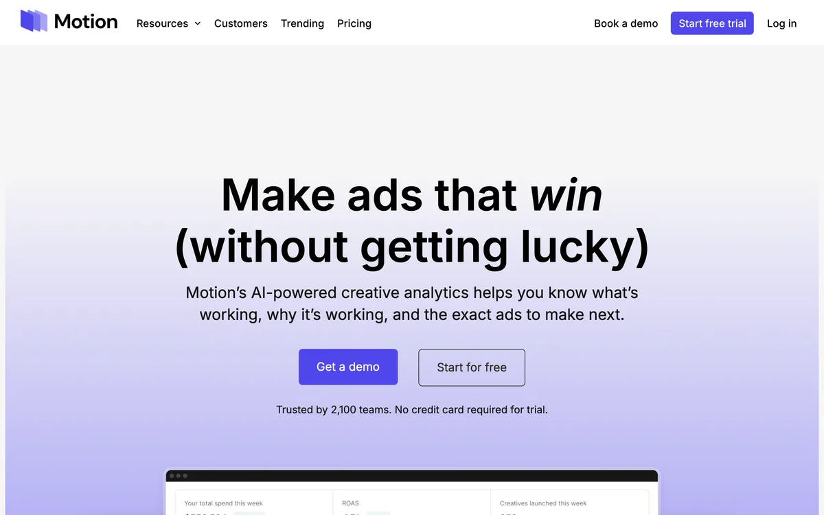 Motion homepage showing its creative analytics platform