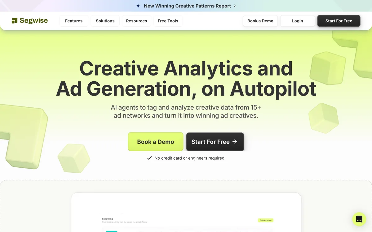 Segwise homepage showing its AI creative analytics and tagging tool
