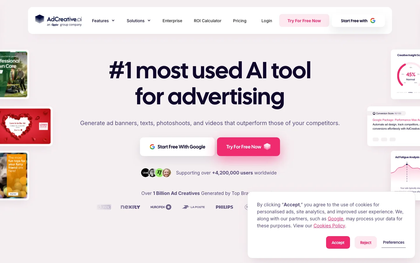 AdCreative.ai homepage, AI ad creative generator