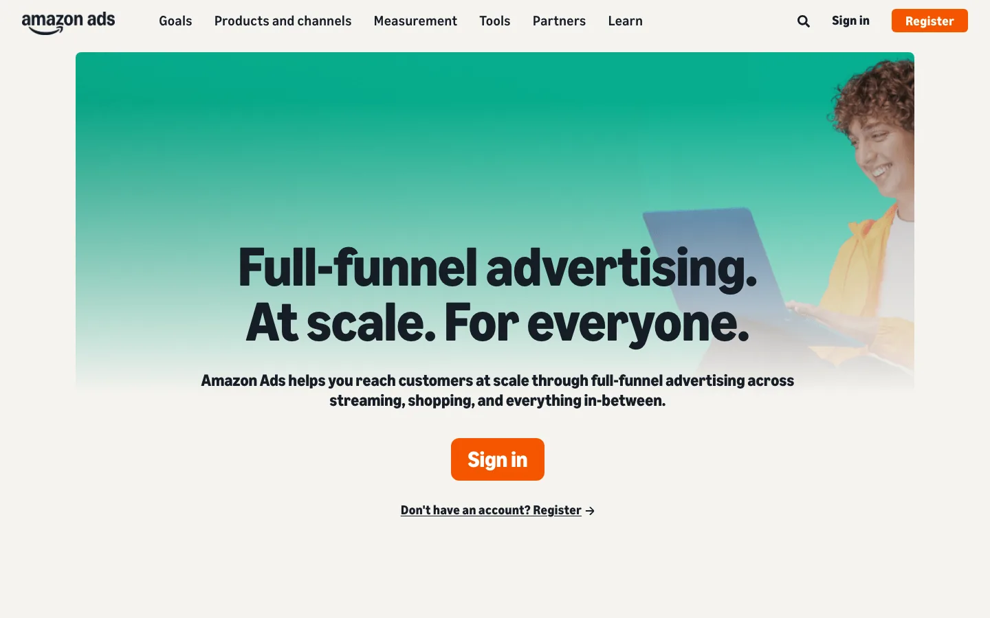 Amazon Ads homepage with the headline full-funnel advertising at scale for everyone