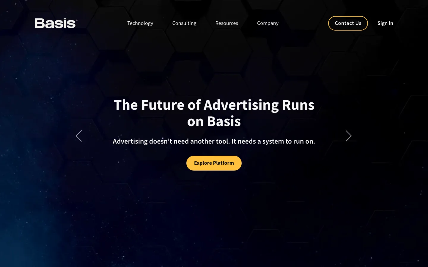 Basis homepage with the headline the future of advertising runs on Basis