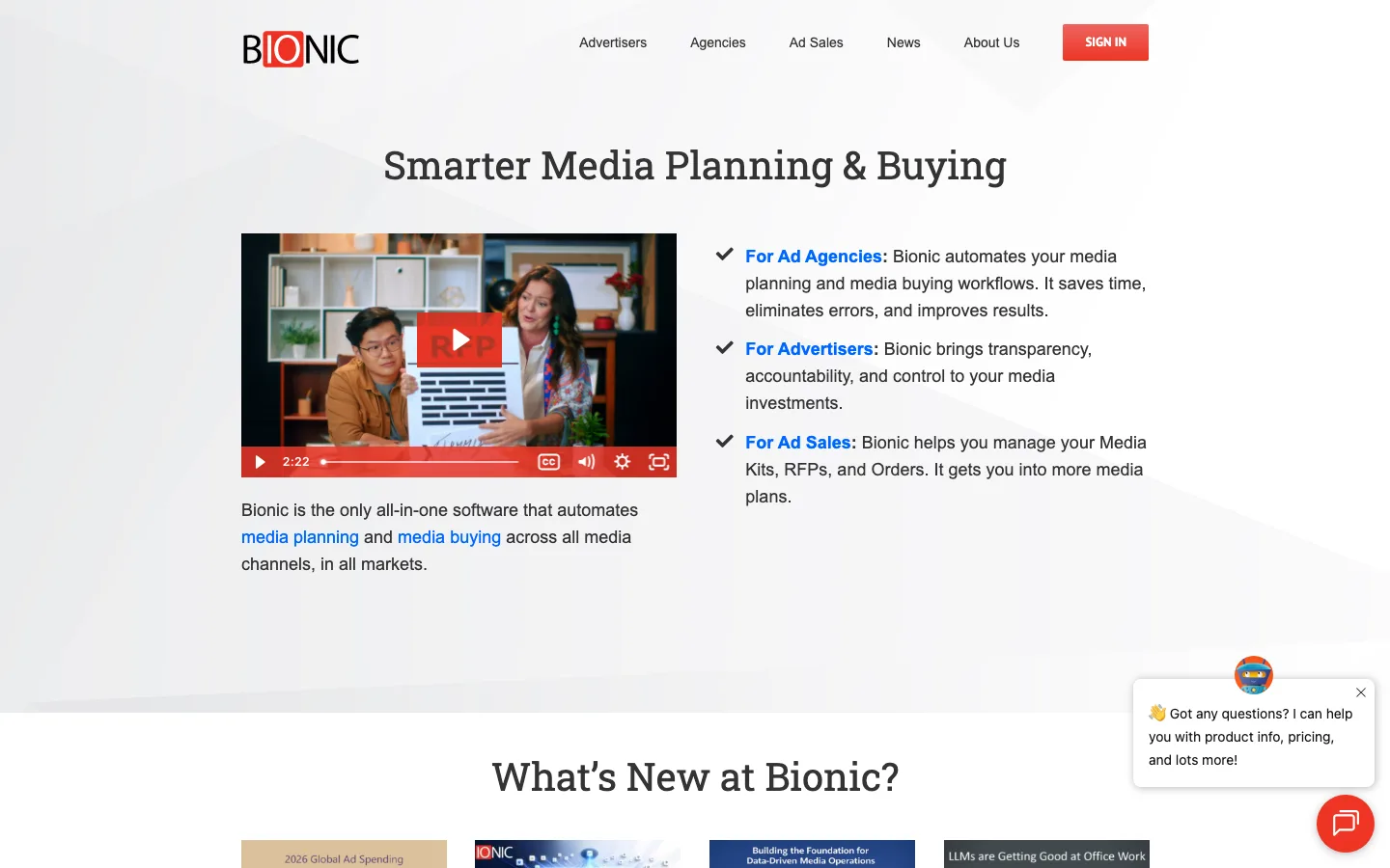 Bionic homepage with the headline smarter media planning and buying