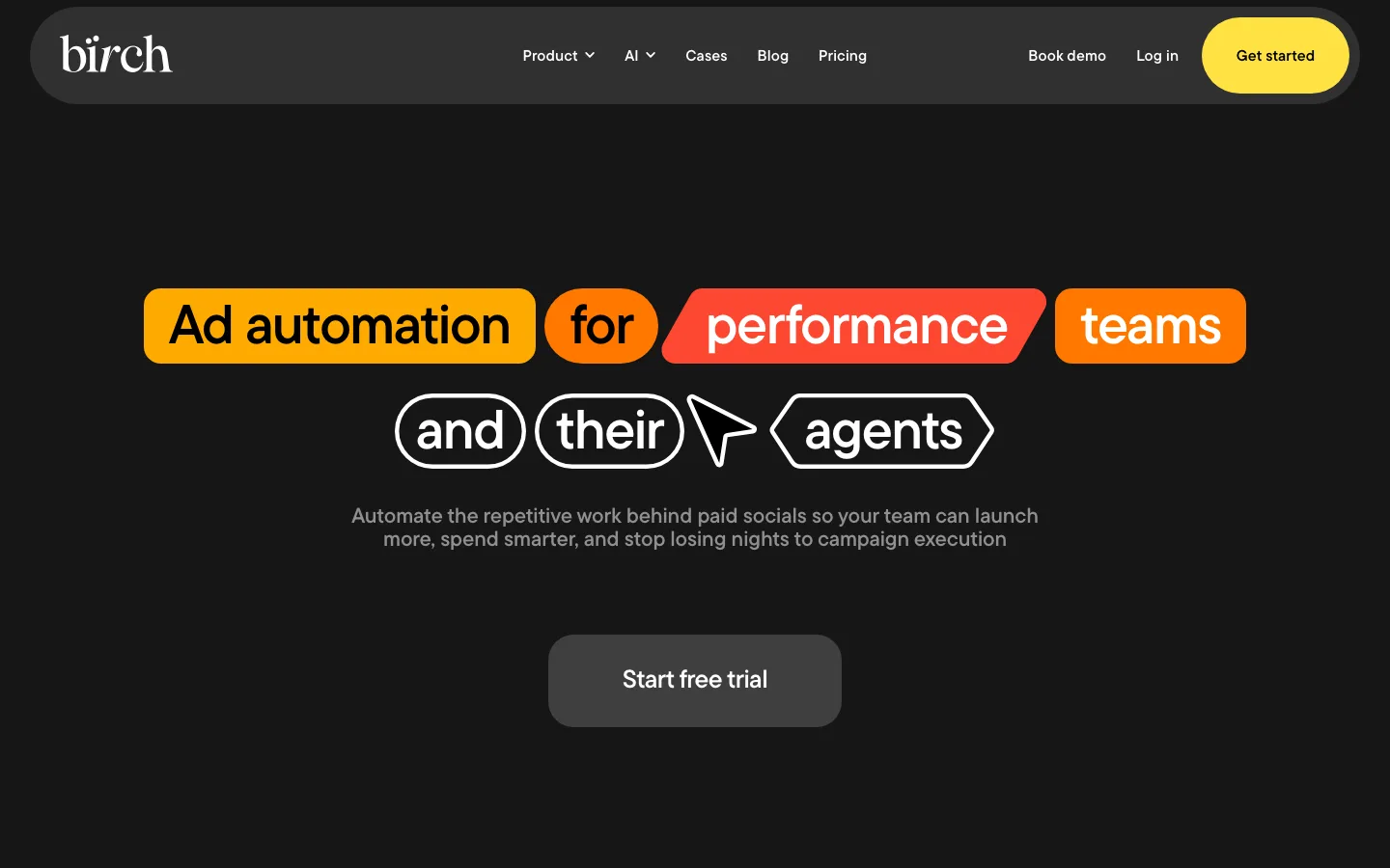 Birch homepage describing its AI-assisted ad automation platform