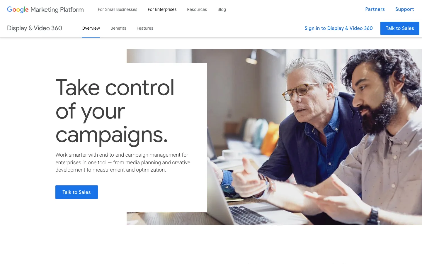 Google Display and Video 360 homepage with the headline take control of your campaigns
